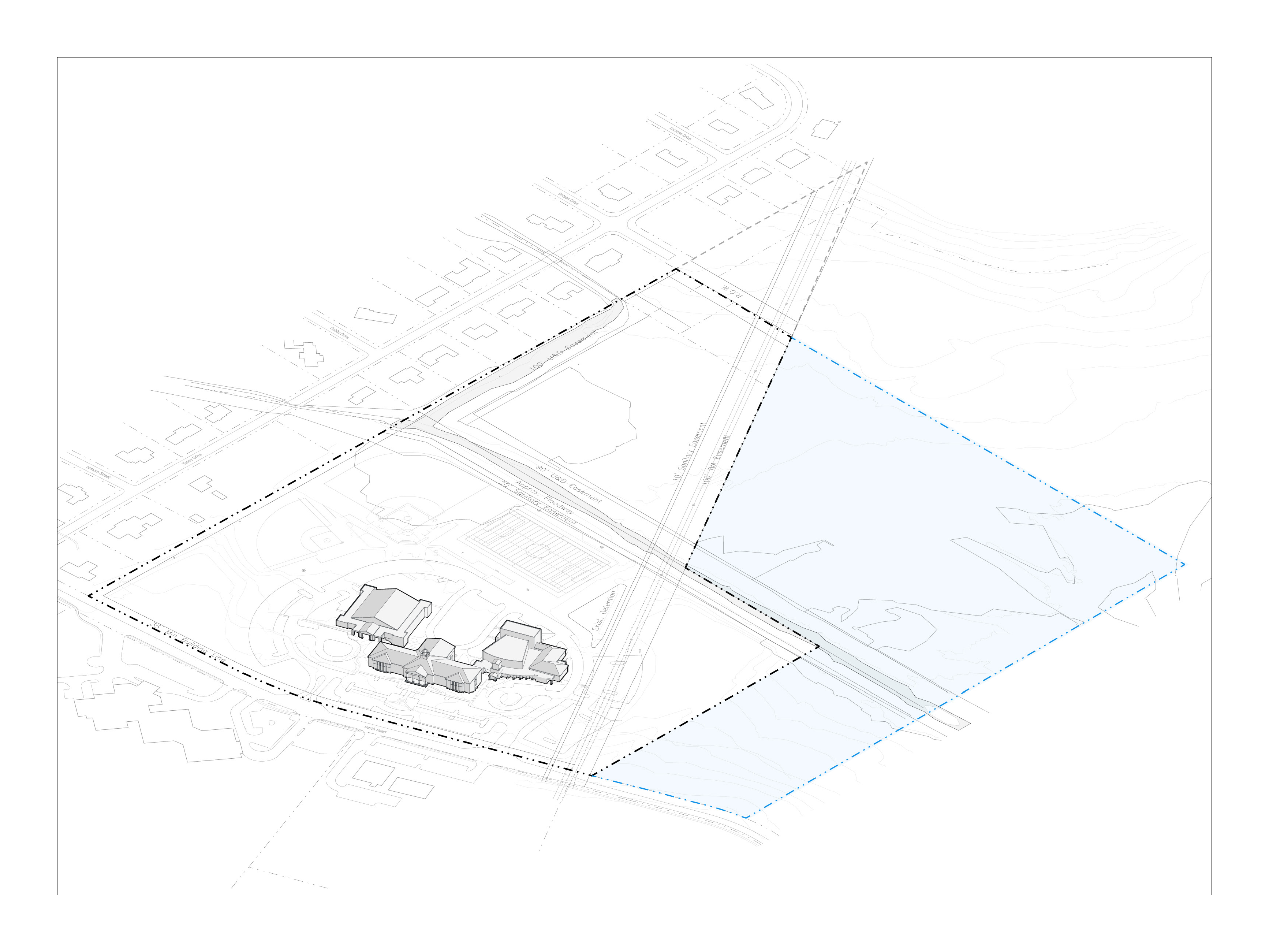 An aerial depiction of our Garth Campus. The additional 26 acres is indicated by the shaded blue area.